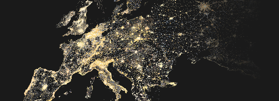 Una mappa dell'Europa con le aree principali illuminate